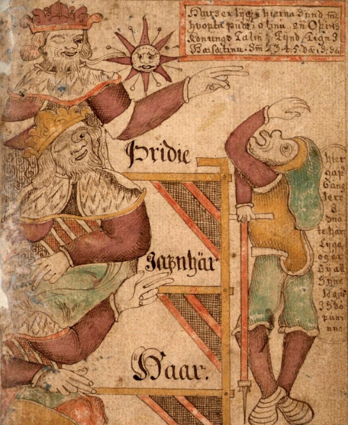 Gylfi is tricked by three aspects of Odin, High, Just As High, and Third, from Icelandic manuscript SAM 66.